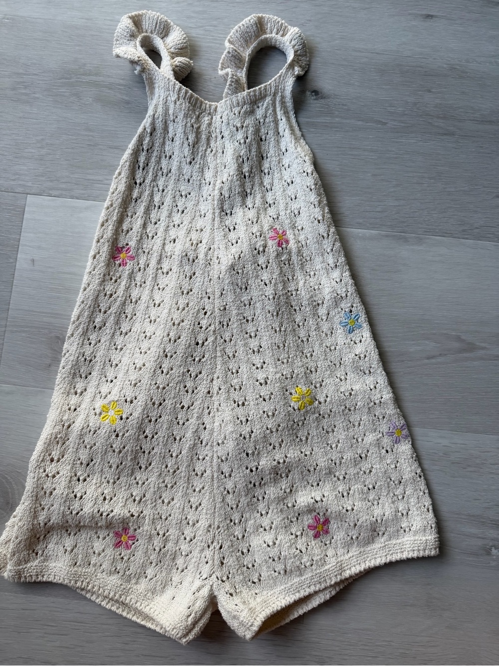Zara Cream Knit Floral Romper with Pink Yellow Blue Embroidery